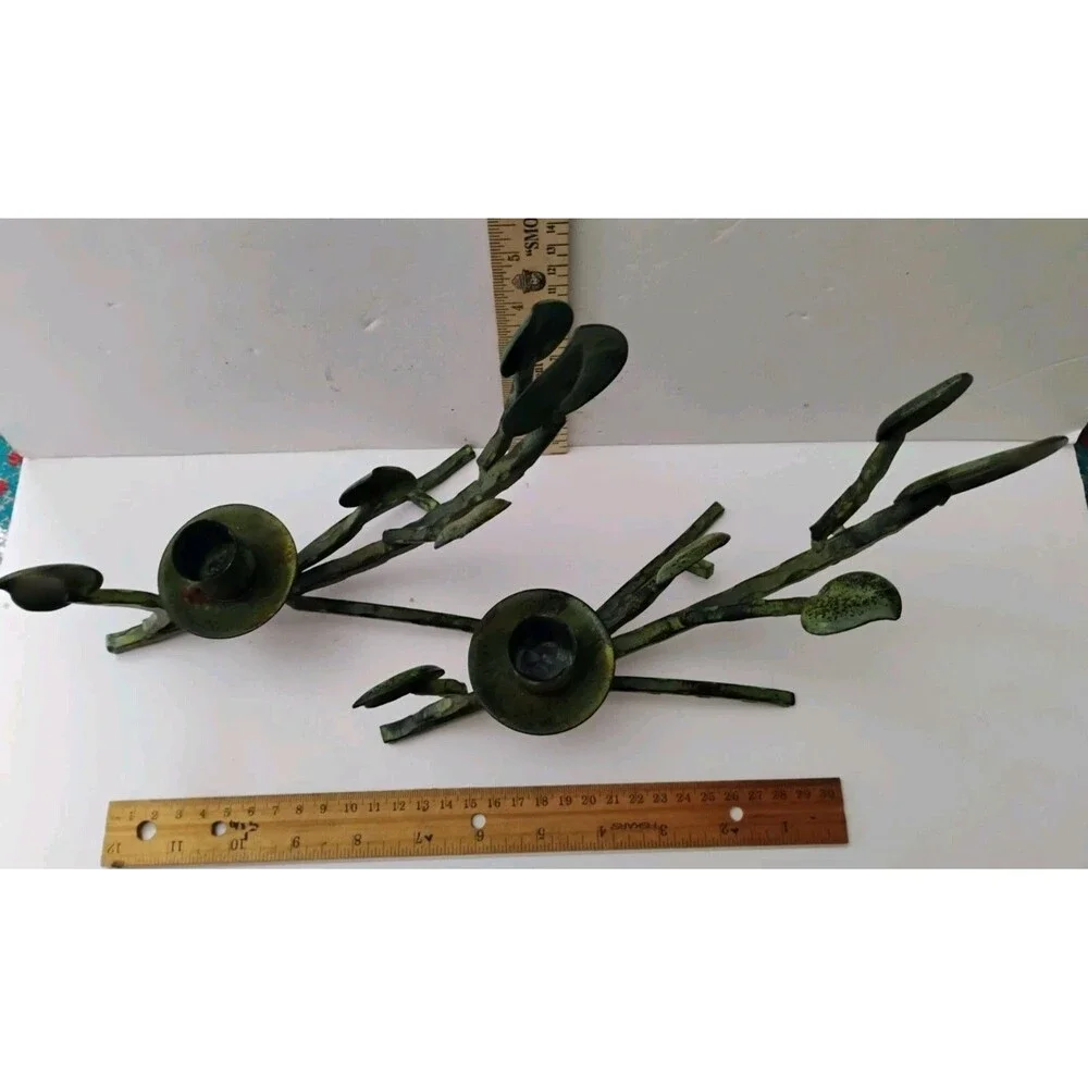Vintage Metal Branch Candle Holders Pair Leaf Vine Verdigris Green Taper 2pc